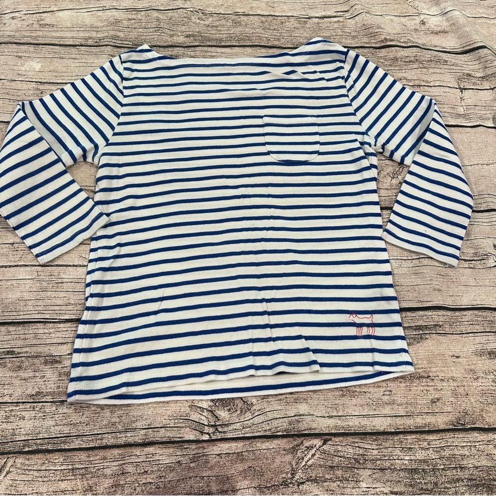 Girls’ Mini Boden Cotton Shirt with Blue and White Stripes; Boatneck; Size 11-12
